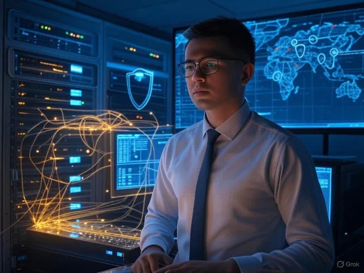 A cybersecurity expert monitors digital security networks in a high-tech data room.