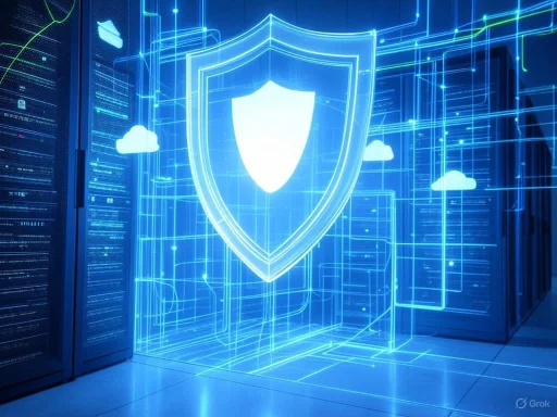 A digital shield icon with binary code and cloud graphics representing cybersecurity and data protection.