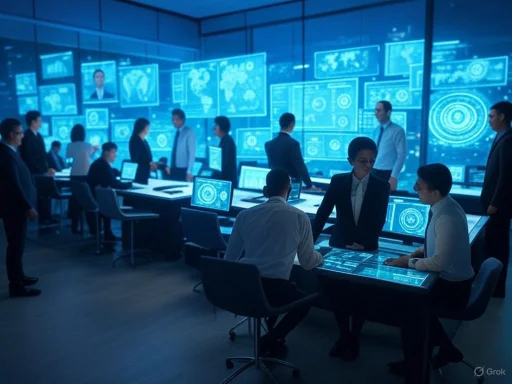 A high-tech control room with professionals managing data on large digital screens displaying global maps and charts.