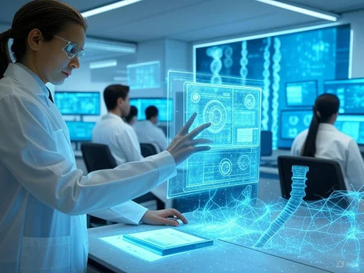 A scientist interacts with holographic medical data in a high-tech laboratory setting.