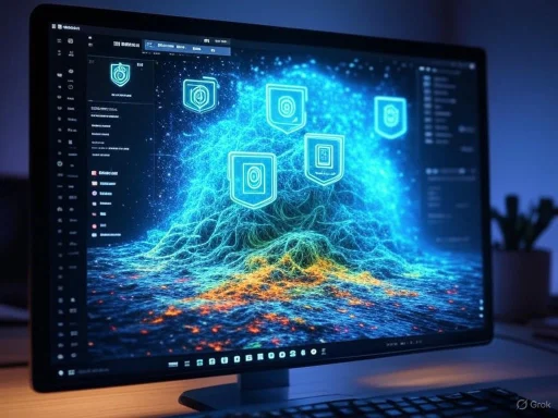 A digital visualization of blockchain or data security with interconnected shields and neural-like patterns on a computer screen.