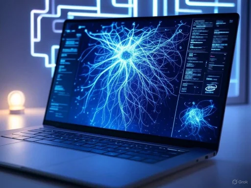 A laptop displays a digital neural network or neuron diagram, illuminated in blue, with a tech-themed background.