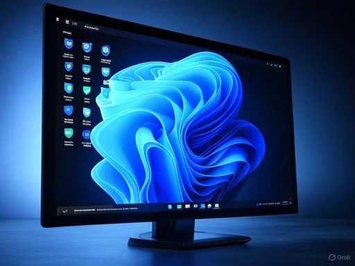 A computer monitor displays a Windows desktop with icons and a vibrant blue abstract background.
