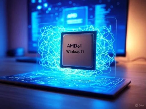 A futuristic display of an AMD processor running Windows 11, with holographic effects and a high-tech background. A futuristic display of an AMD processor running Windows 11, with holographic effects and a high-tech background.