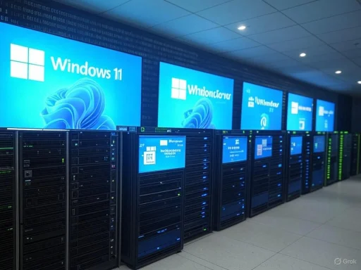 Server room with multiple racks and large screens displaying Windows 11 logos.
