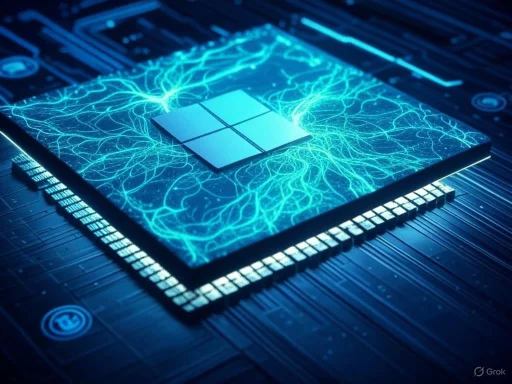 A digital illustration of a futuristic computer chip with glowing blue circuits and a central logo, set against a dark circuit board background.