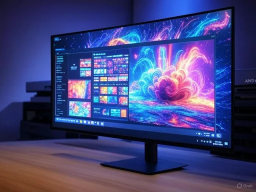 A computer monitor displays vibrant, colorful digital artwork in a dimly lit room.