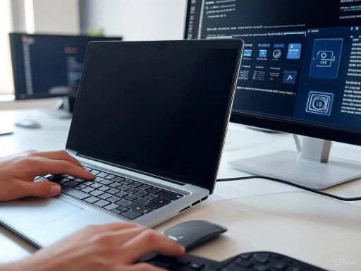 Person working on a laptop with a dual-monitor setup displaying code and digital interface designs.