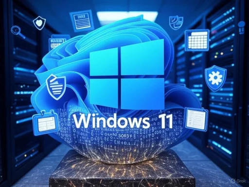 A digital illustration of Windows 11 logo surrounded by security and data icons in a data center setting. A digital illustration of Windows 11 logo surrounded by security and data icons in a data center setting.