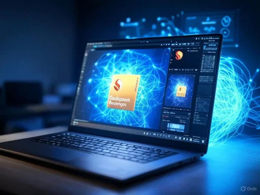 A laptop displaying digital art, with glowing blue neural network graphics in a dark, tech-focused workspace.