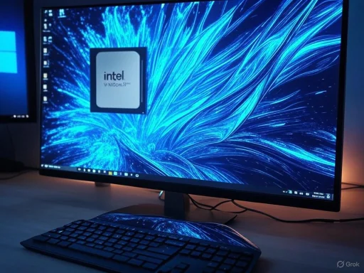 A computer monitor displays a vivid blue abstract background with an Intel logo in the center, accompanied by a wireless keyboard in front.