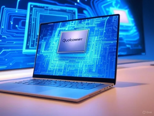 A laptop displays a Qualcomm chip with digital circuitry graphics on the screen.