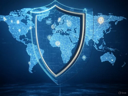 A digital globe with a security shield overlay, symbolizing global cybersecurity protection.