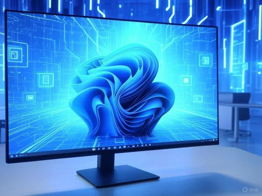 A computer monitor displays a futuristic blue digital tunnel with circuit-like patterns in a tech lab environment.