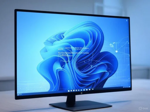 A sleek, modern computer monitor displaying a blue digital abstract graphic on a minimalistic desk.