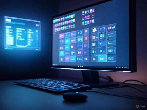A computer monitor displays a colorful grid of application icons and interfaces against a dark background.