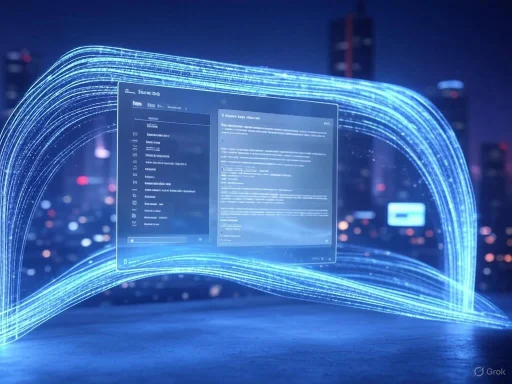 A digital hologram of a laptop floating over a cityscape at night with glowing blue light trails.
