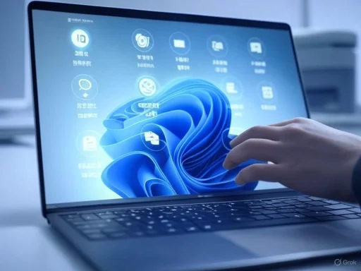 A person interacts with a futuristic digital interface on a laptop screen displaying various app icons.