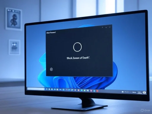 A computer screen displays a black window titled 'Slesck Screen of Death' with a loading circle, set against a blue background. A computer screen displays a black window titled 'Slesck Screen of Death' with a loading circle, set against a blue background.