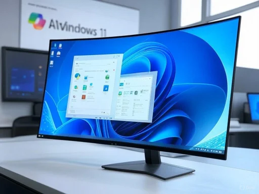 A curved computer monitor displays Windows 11 interface at a tech showcase or classroom setting.