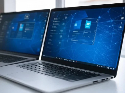Two laptops displaying digital data and graphical interfaces on a sleek, modern workspace.