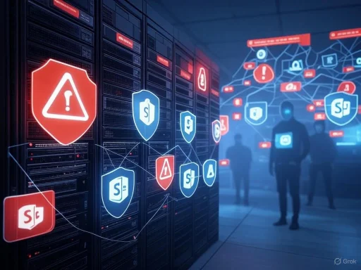 A data center security interface shows warning icons and interconnected shields, with people observing in the background.