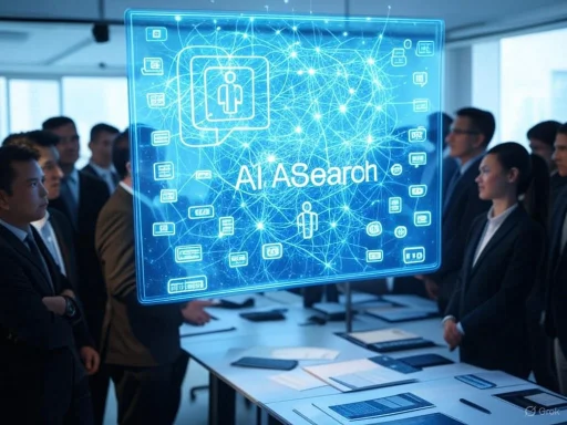 A group of professionals observing a floating digital display titled 'AI Asearch' in a modern conference room.