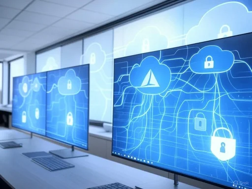 Multiple screens display a digital network with cloud and lock icons representing cybersecurity or data protection.