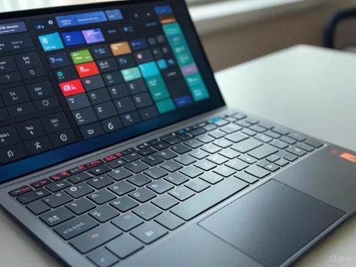 A laptop displaying a colorful digital interface on its screen, placed on a white surface.