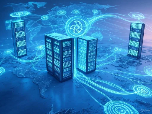 Digital servers connect globally via data streams over a world map, symbolizing worldwide networking and data exchange.