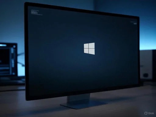 A computer monitor displays the Windows logo on a dark screen, with a second monitor visible in the background.