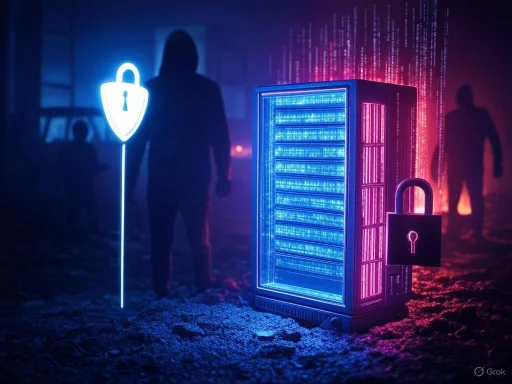 Silhouettes of people with digital padlocks and a neon-lit server highlight cybersecurity in a dark, futuristic setting.