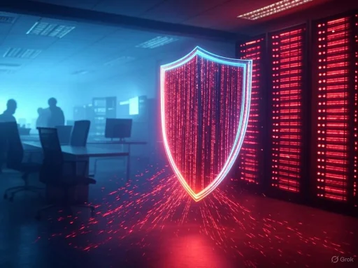 A digital shield hologram glows in a high-tech server room, symbolizing cybersecurity and data protection.