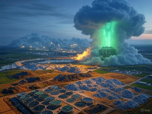 A power plant emits a green-lit explosion with billowing smoke over a landscape with reservoirs and industrial facilities.