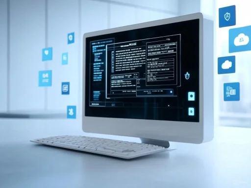 A computer monitor displays a hacking or coding interface with floating digital icons representing cloud services and cybersecurity.