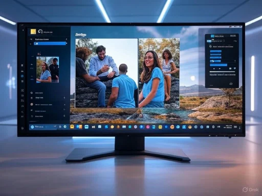 A computer monitor displays a photo editing application with a group of five people outdoors, creating a collage of their images.