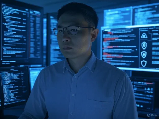 A man wearing glasses works in a dark room filled with multiple computer screens displaying code and security icons.