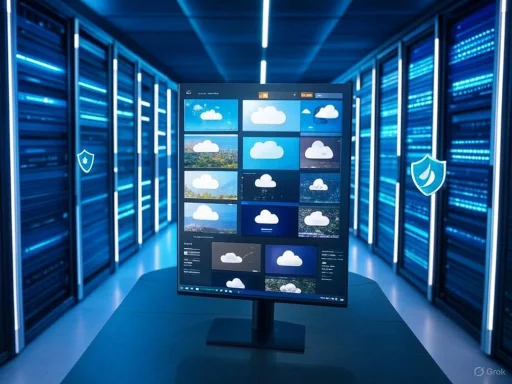 A computer monitor displaying various cloud-themed images in a high-tech server room with blue lighting. A computer monitor displaying various cloud-themed images in a high-tech server room with blue lighting.