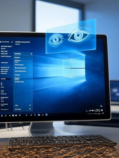 A computer monitor displaying the Windows 10 desktop with a digital eye hologram above the screen. A computer monitor displaying the Windows 10 desktop with a digital eye hologram above the screen.