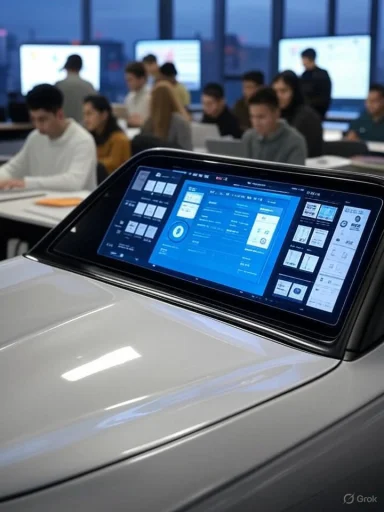 A futuristic car dashboard displayed on a large screen in a busy classroom or conference room.