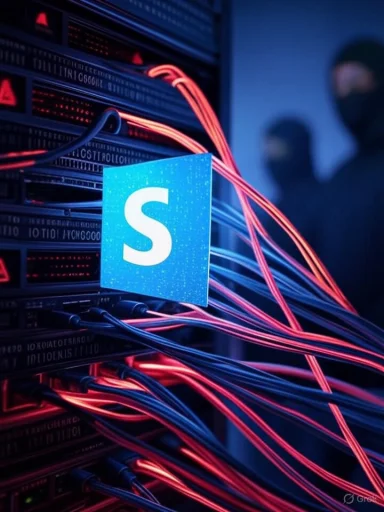 A server room with red and blue network cables and a prominent Microsoft Skype logo. A server room with red and blue network cables and a prominent Microsoft Skype logo.