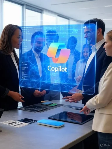 Business professionals discuss a holographic display featuring the Copilot logo in a modern office setting.