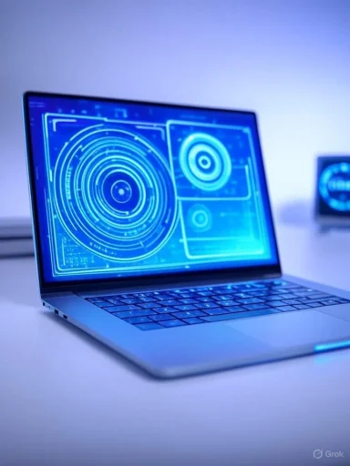 A futuristic, holographic display on a laptop screen shows blue circular and rectangular data interfaces. A futuristic, holographic display on a laptop screen shows blue circular and rectangular data interfaces.