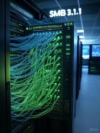 Server rack with interconnected cables, labeled SMB 3.1.1, in a data center environment.