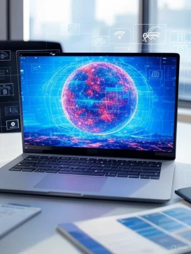 A futuristic digital display on a laptop screen shows a glowing, holographic Earth surrounded by technological icons.