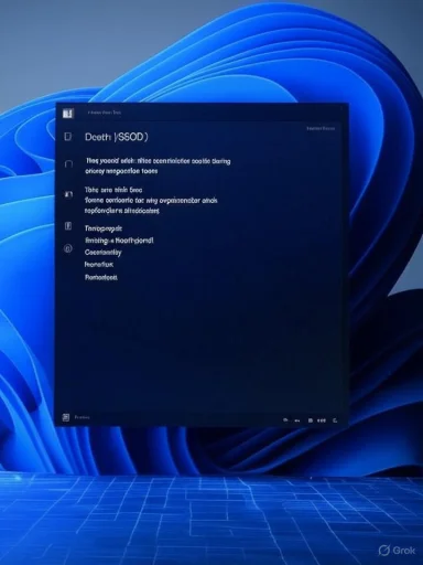 A computer screen displays a settings menu against a blue abstract background with curves and grid lines. A computer screen displays a settings menu against a blue abstract background with curves and grid lines.