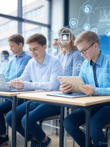 Young students engaged with digital devices in a modern classroom, surrounded by virtual security and technology icons.