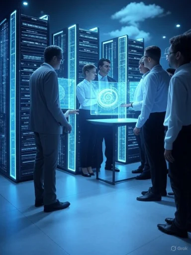 A group of professionals interacts with a holographic display amid rows of futuristic, illuminated server racks.
