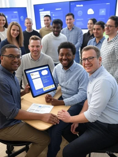 A diverse group of colleagues celebrates a successful project around a table with a tablet in a modern office.