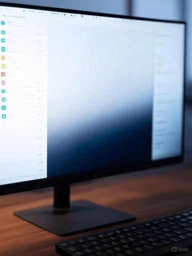A computer monitor displays an email inbox with a blurred background, placed on a wooden desk.